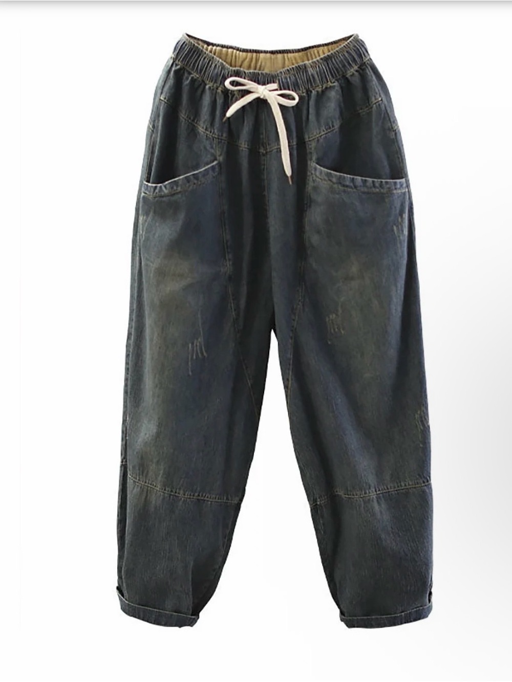 Elastic-Waist Barrel Distressed Denim Jeans 3X